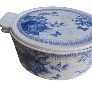 Graces Pantry Round Blue & White Floral Butterfly Lidded Casserole Baker Server